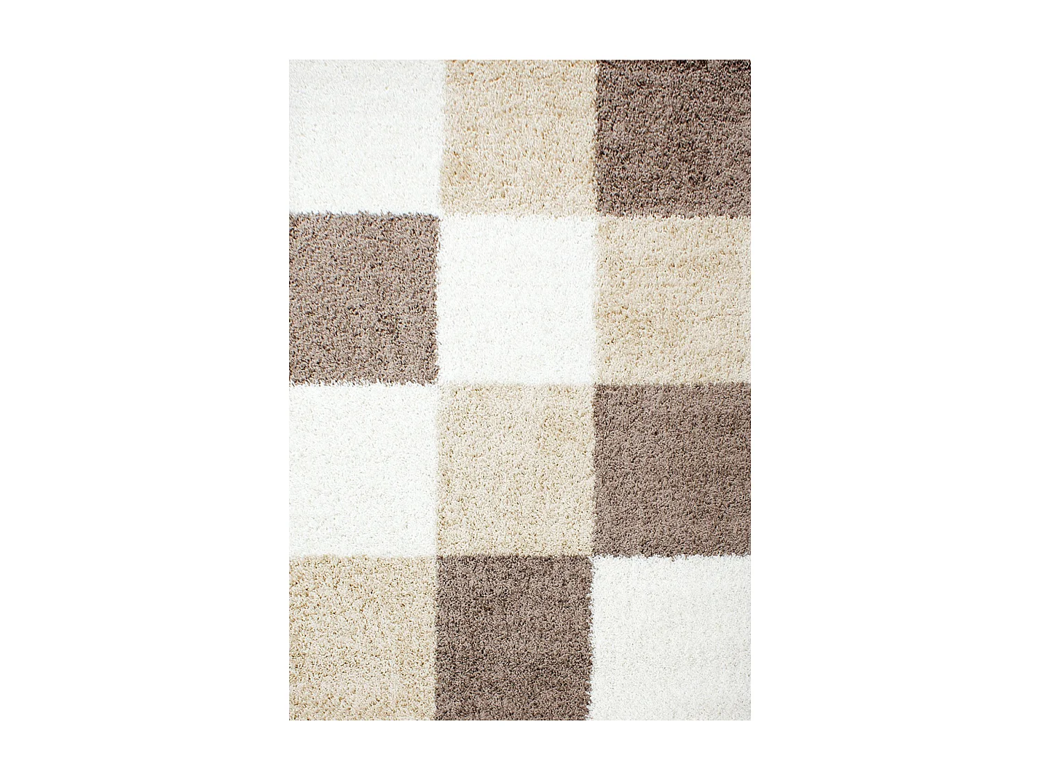 Tapis poils longs shaggy 80x150 rectangle tissé beige et marron motif damier