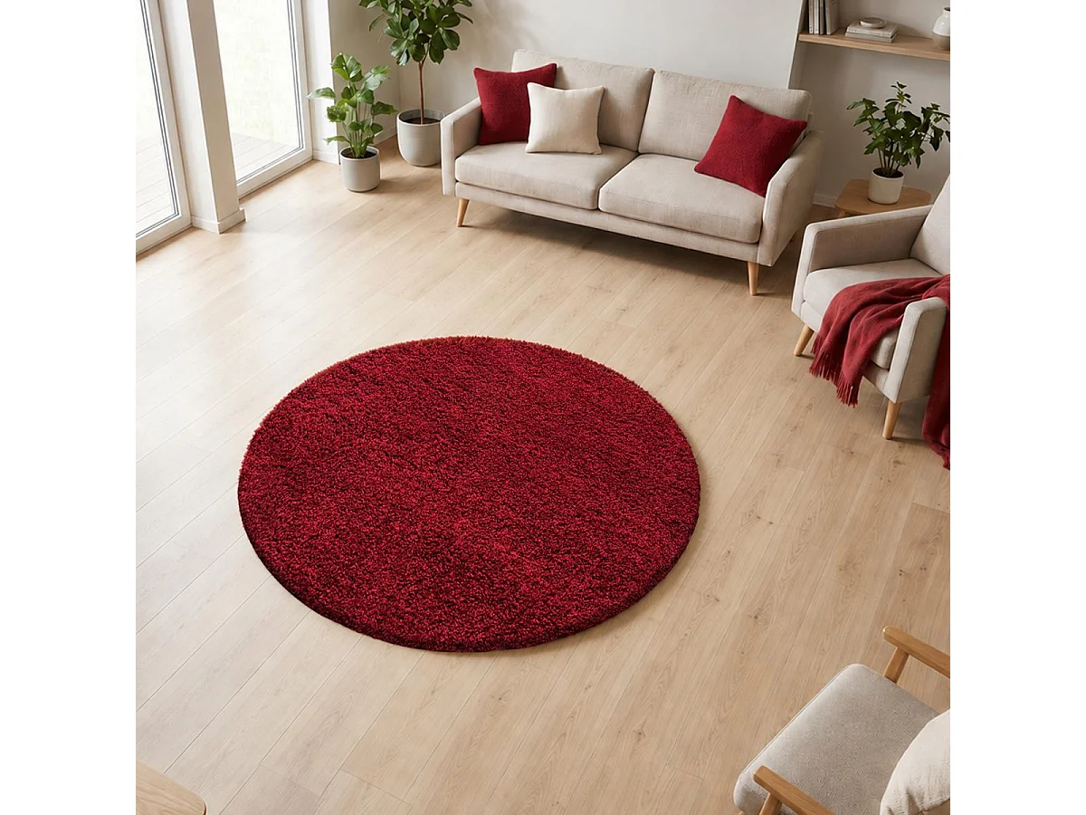 Alfombra Shaggy de pelo largo Ø120cm tejida redonda con estampado liso rojo UNI L