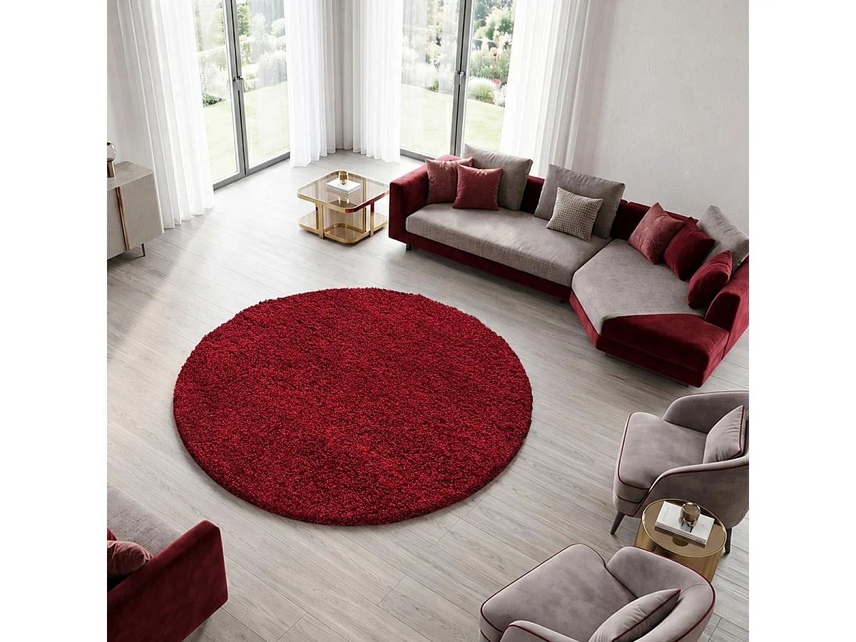 Alfombra Shaggy de pelo largo Ø120cm tejida redonda con estampado liso rojo UNI L