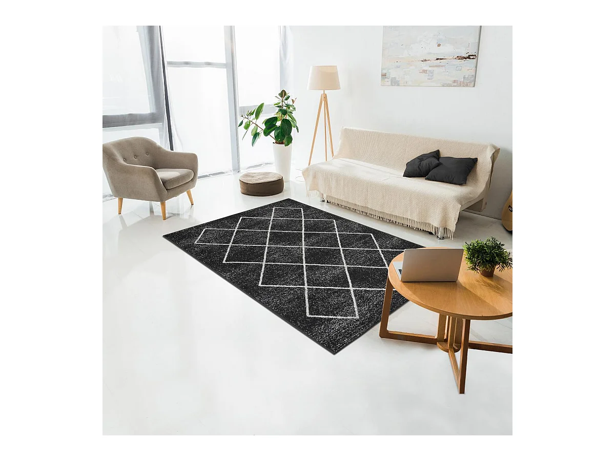 tapis entrée 60x110 tissé anthracite et blanc rectangle motif scandinave BALANIA
