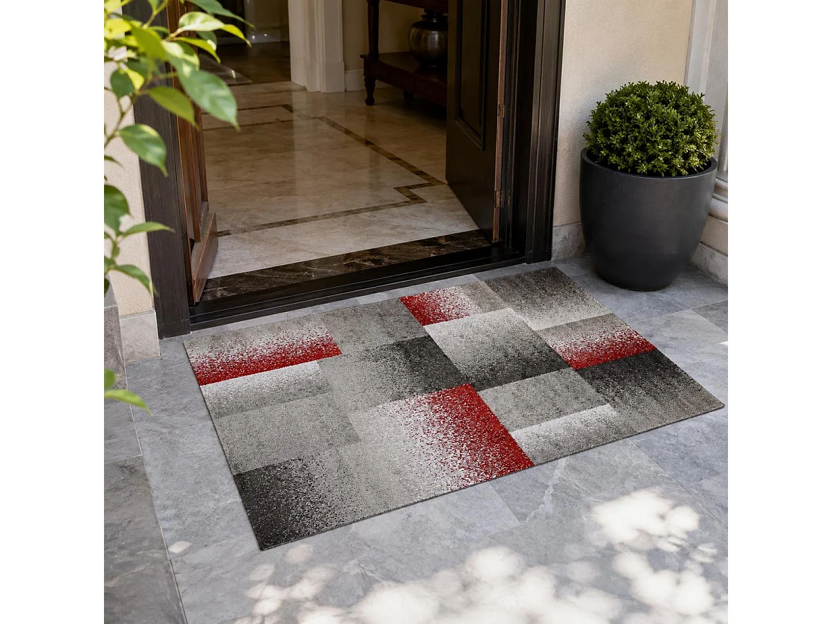 alfombra de dormitorio 80x150 tejida con motivos geométricos rectangulares grises y beige DERBY A