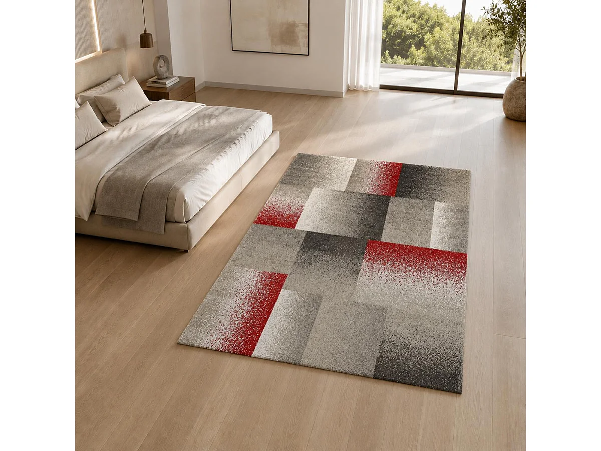 alfombra de dormitorio 80x150 tejida con motivos geométricos rectangulares grises y beige DERBY A