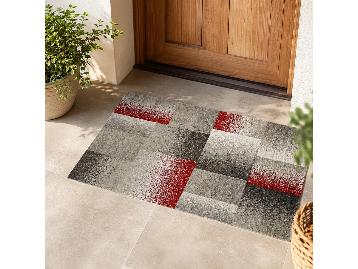 alfombra de dormitorio 80x150 tejida con motivos geométricos rectangulares grises y beige DERBY A