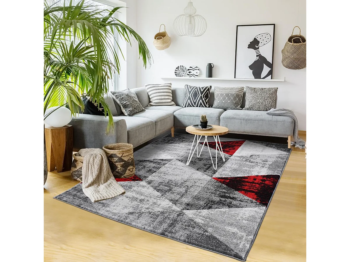 tapis salon 200x280 tissé rouge et gris rectangle motif géométrique SOLTAM