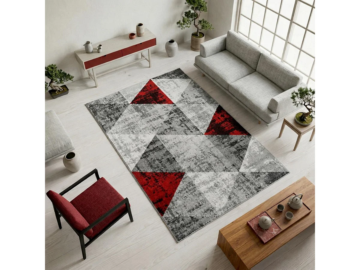 tapis salon 200x280 tissé rouge et gris rectangle motif géométrique SOLTAM