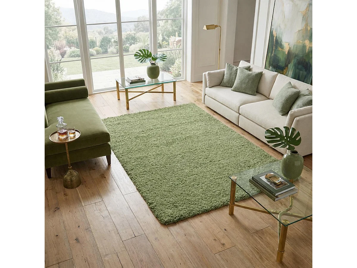 Tapis poils longs shaggy 80x250 rectangle tissé vert motif uni UNI L