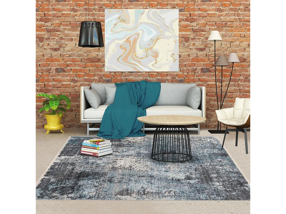 tapis chambre 120x170 tissé bleu et gris rectangle motif abstrait MEDELLA