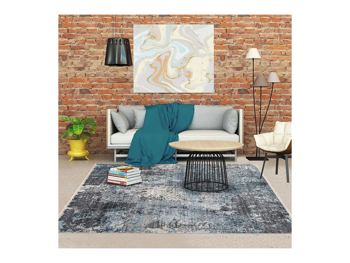 tapis chambre 120x170 tissé bleu et gris rectangle motif abstrait MEDELLA