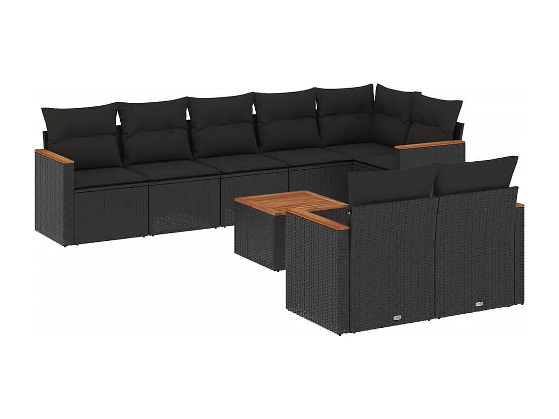 9-delige Loungeset met kussens poly rattan zwart