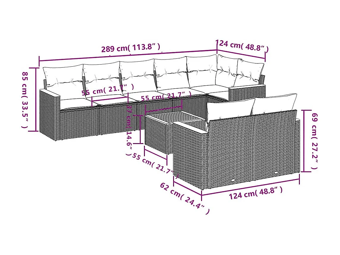 9-delige Loungeset met kussens poly rattan zwart
