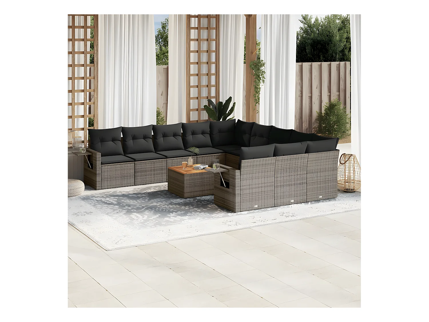 Salon de jardin avec coussins 12 pcs gris résine tressée