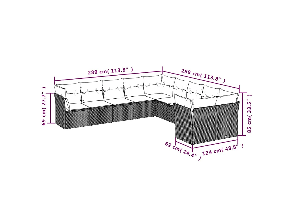10-delige Loungeset met kussens poly rattan zwart