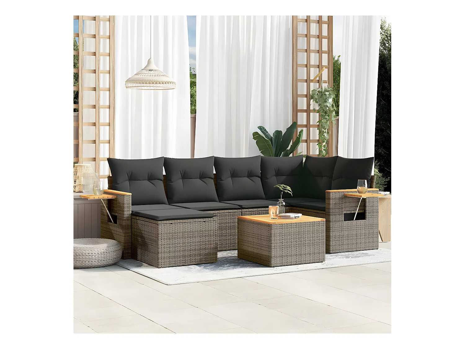 7-delige Loungeset met kussens poly rattan grijs