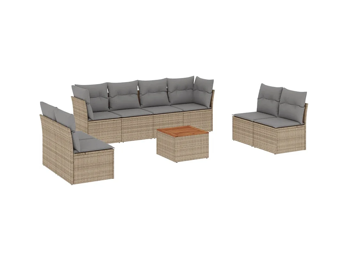 9-tlg. Garten-Sofagarnitur mit Kissen Beige Poly Rattan