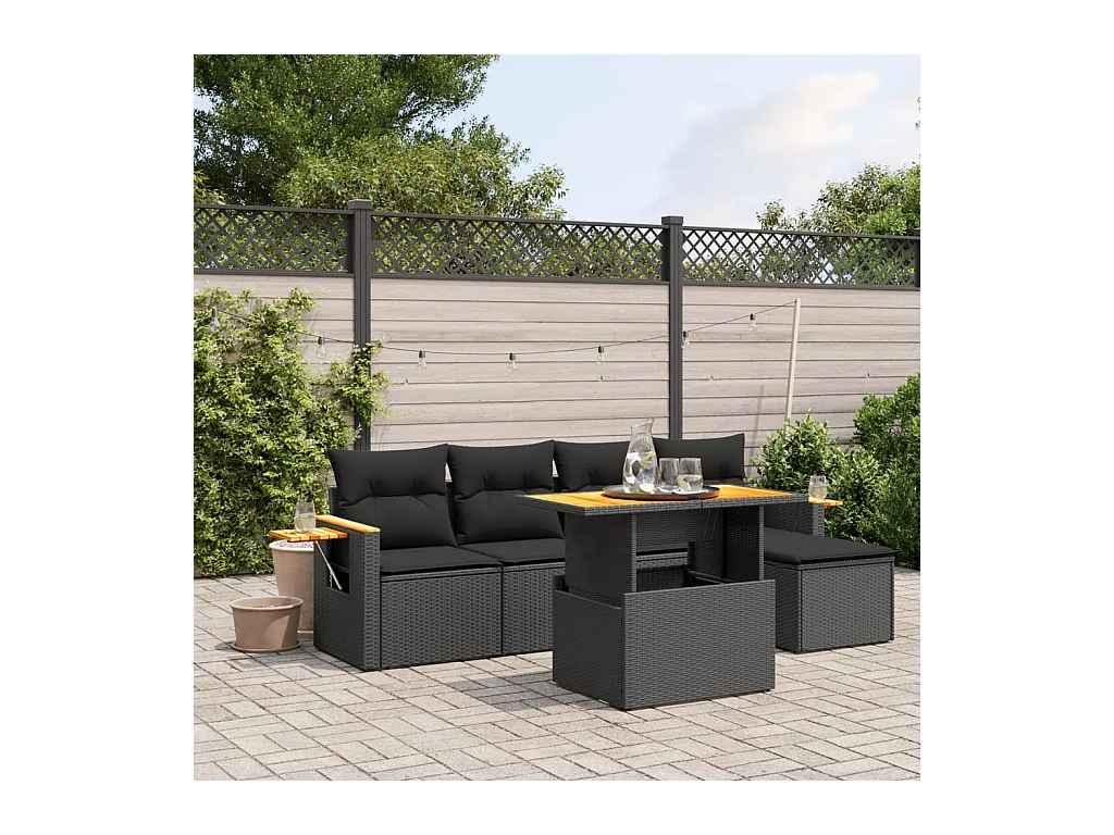 6 pcs conjunto sofás de jardim c/ almofadões vime PE preto