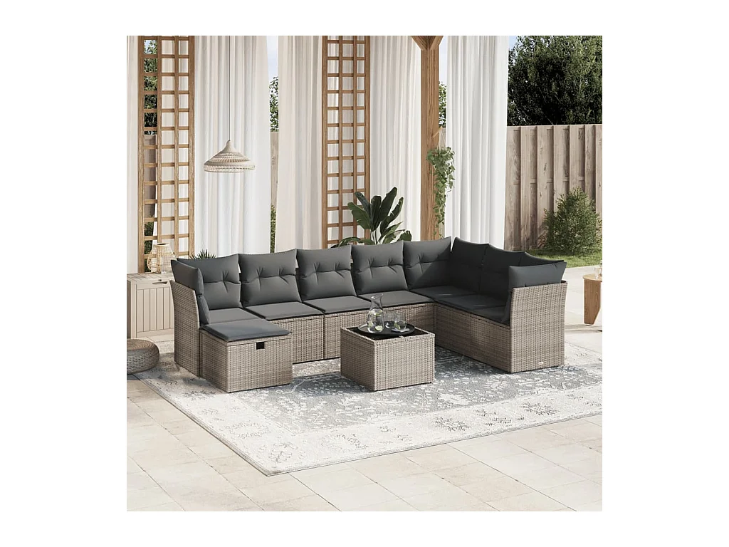 9-delige Loungeset met kussens poly rattan grijs
