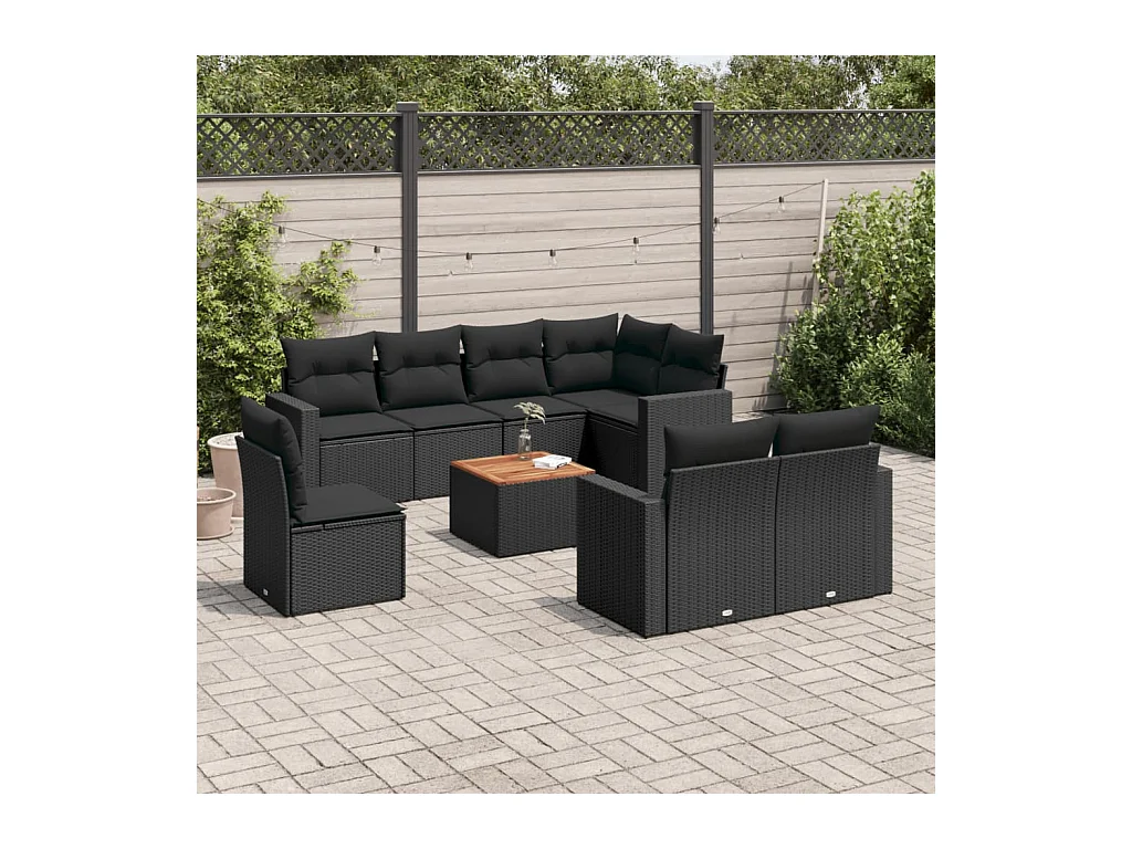 Salon de jardin 9 pcs avec coussins noir résine tressée