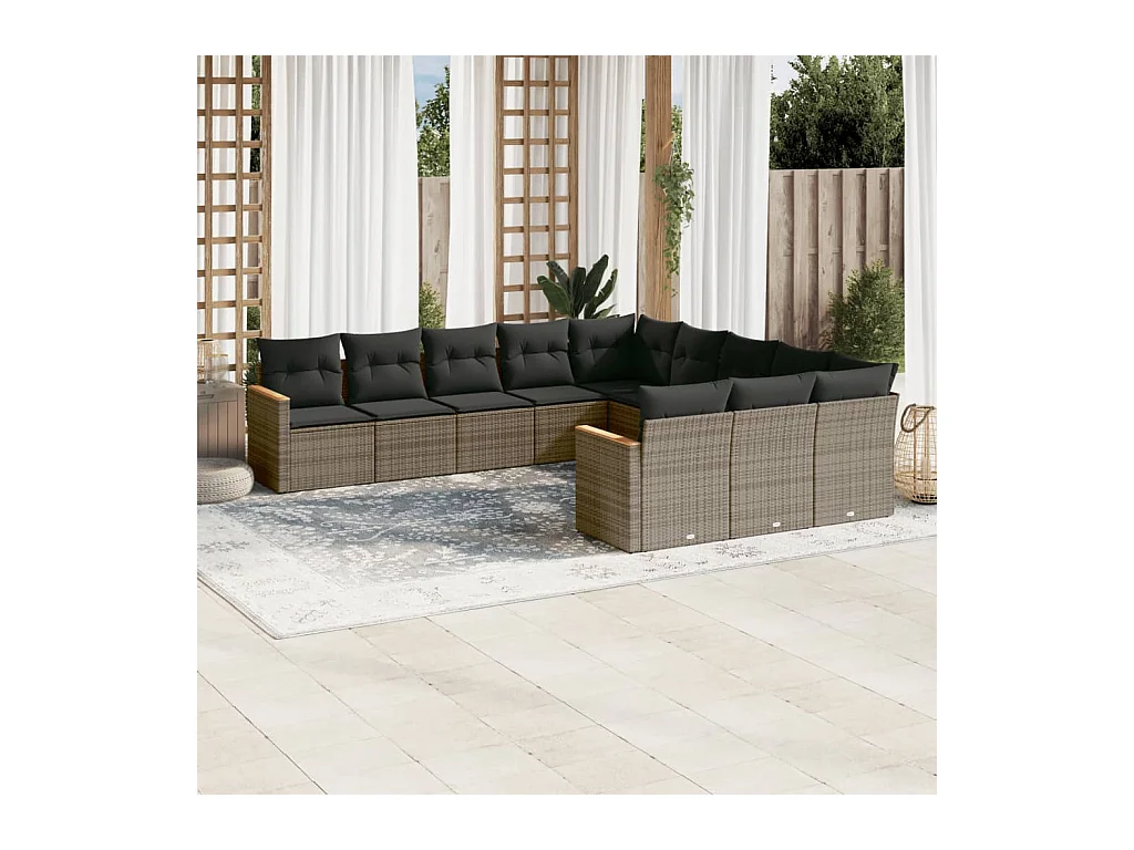 11-tlg. Garten-Sofagarnitur mit Kissen Grau Poly Rattan