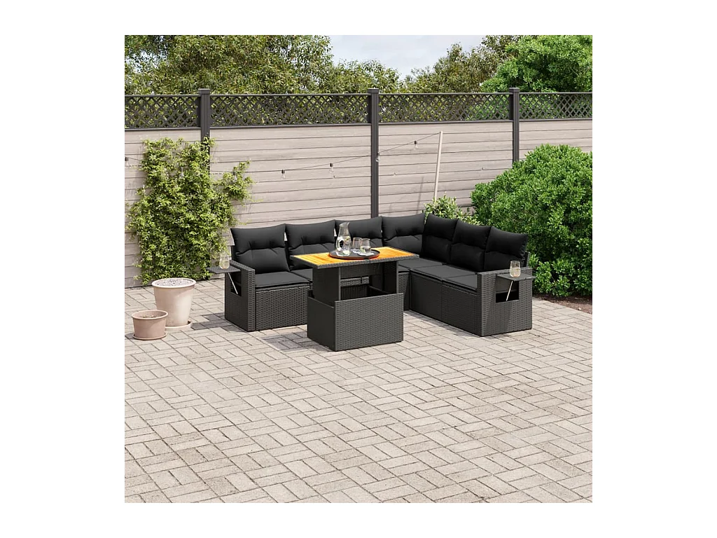 Salon de jardin 7 pcs avec coussins noir résine tressée