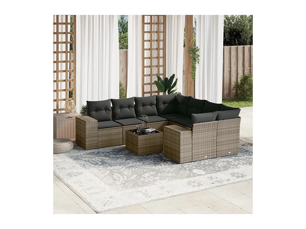 Set Divano da Giardino 9 pz con Cuscini Grigio in Polyrattan