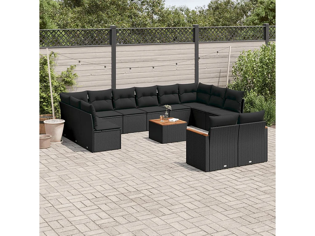 Salon de jardin avec coussins 13 pcs noir résine tressée