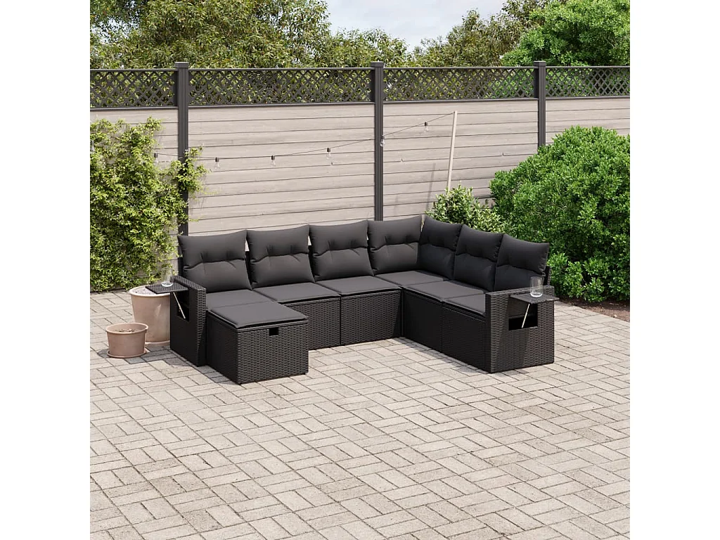 7-tlg. Garten-Sofagarnitur mit Kissen Schwarz Poly Rattan