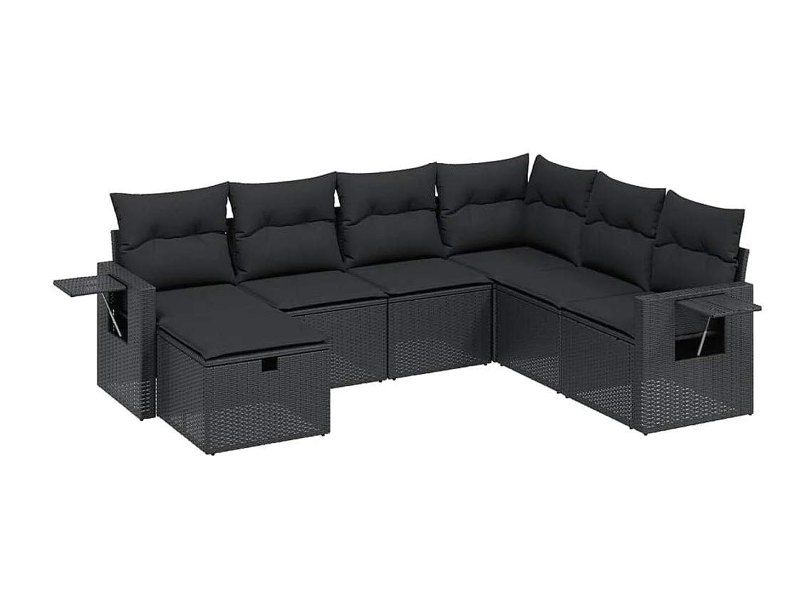 7-tlg. Garten-Sofagarnitur mit Kissen Schwarz Poly Rattan