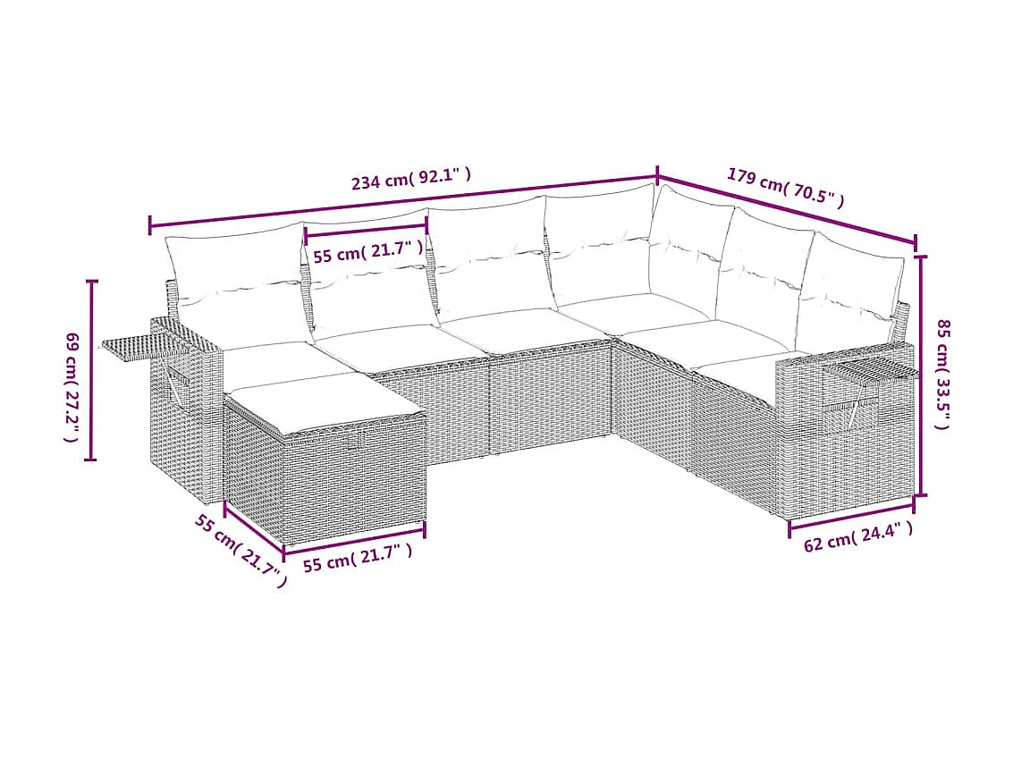 7-tlg. Garten-Sofagarnitur mit Kissen Schwarz Poly Rattan
