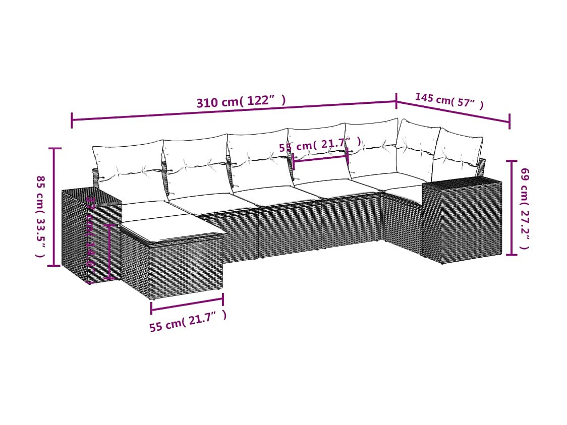 Salon de jardin 7 pcs avec coussins noir résine tressée