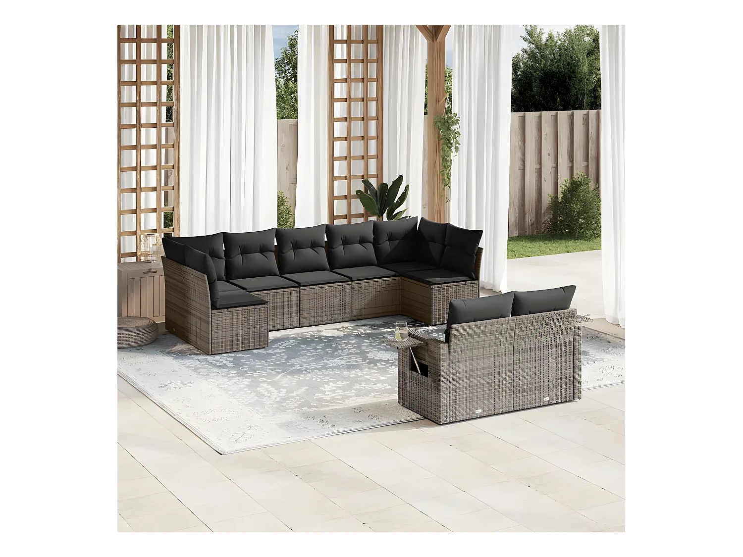 Set Divano da Giardino 9 pz con Cuscini Grigio in Polyrattan