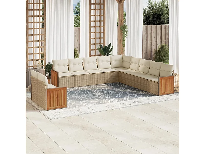 11-tlg. Garten-Sofagarnitur mit Kissen Beige Poly Rattan