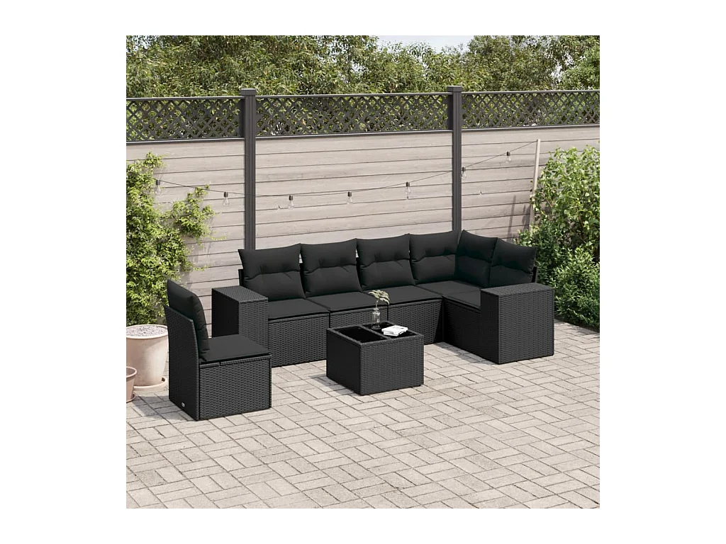 Set de comedor de jardín 7 pzas y cojines ratán sintético negro
