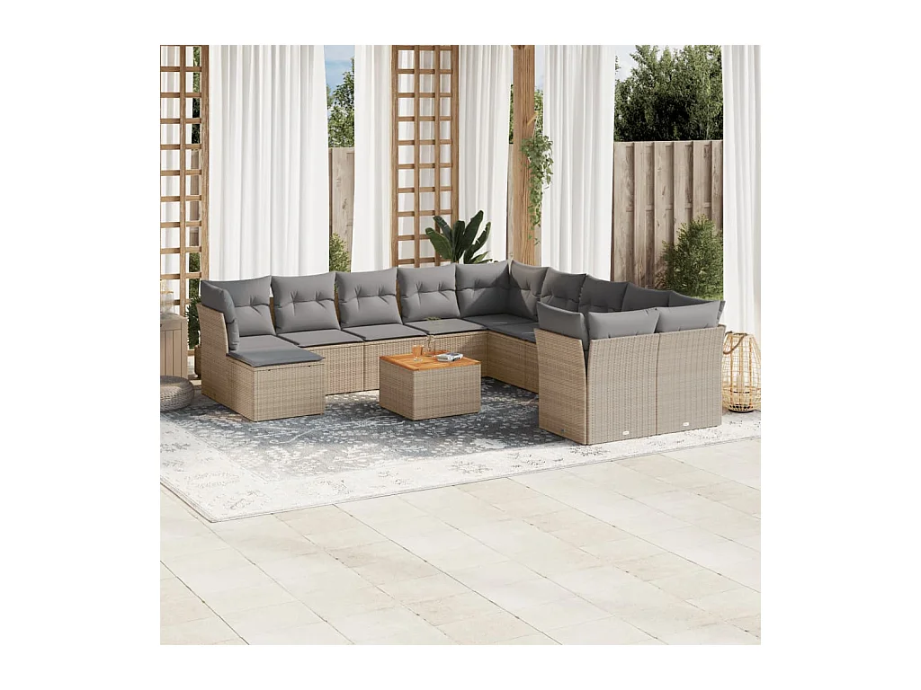Salon de jardin et coussins 12 pcs mélange beige résine tressée