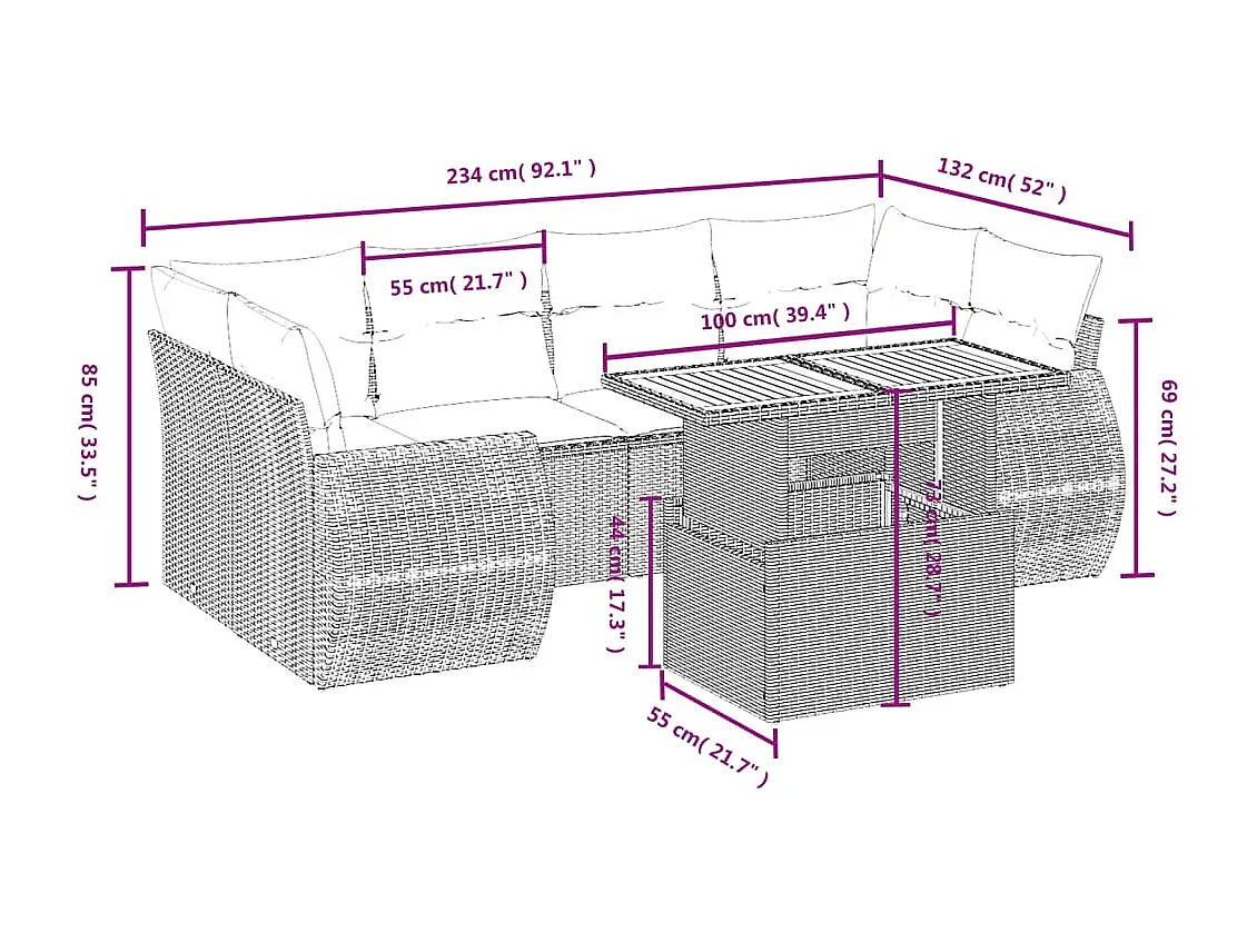 Salon de jardin 7 pcs avec coussins noir résine tressée