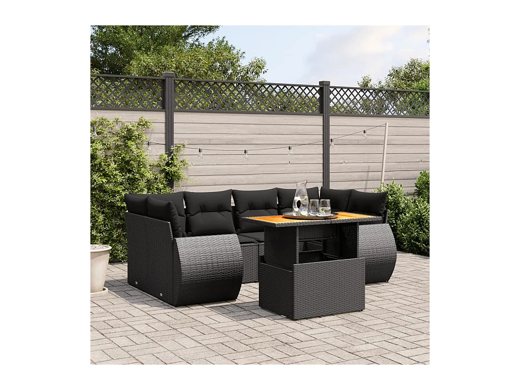 Salon de jardin 7 pcs avec coussins noir résine tressée