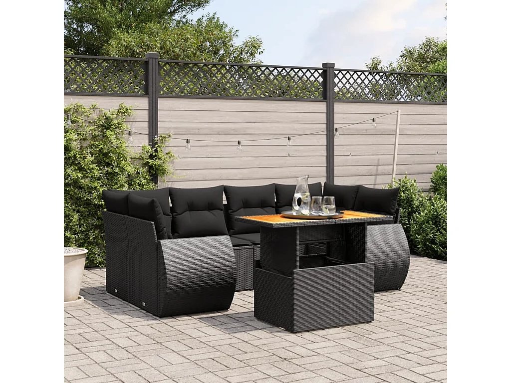 Salon de jardin 7 pcs avec coussins noir résine tressée