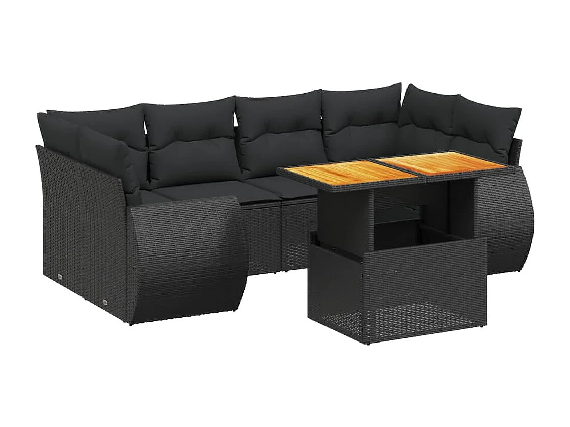 Salon de jardin 7 pcs avec coussins noir résine tressée