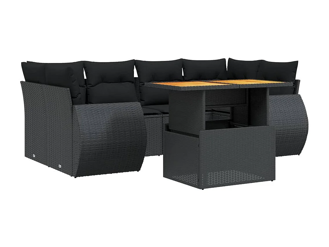 Salon de jardin 7 pcs avec coussins noir résine tressée