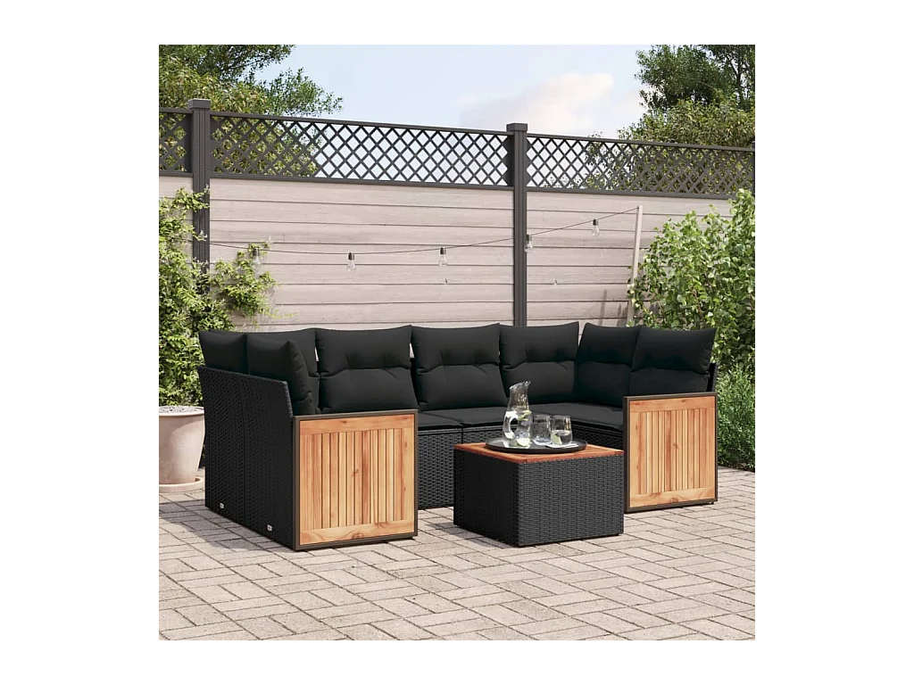 Salon de jardin 7 pcs avec coussins noir résine tressée