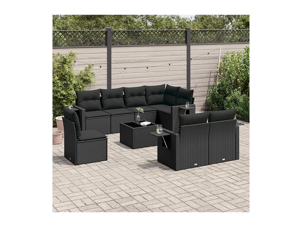 Salon de jardin 9 pcs avec coussins noir résine tressée