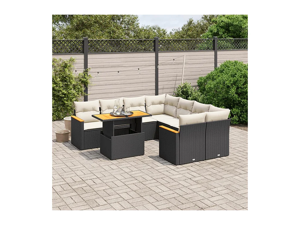Salon de jardin 9 pcs avec coussins noir résine tressée