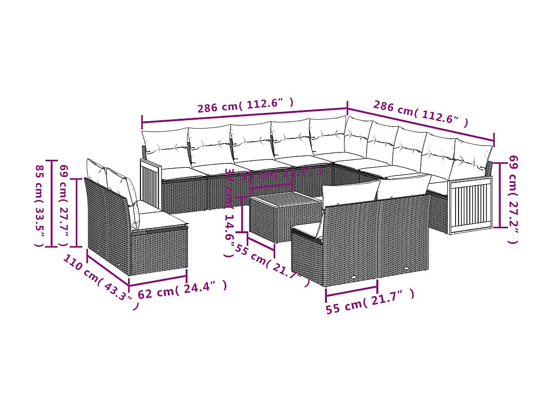 Set Divani da Giardino 14pz con Cuscini in Polyrattan Beige