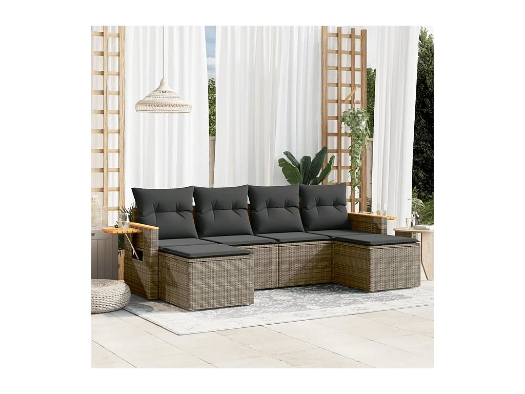 Salon de jardin 6 pcs avec coussins gris résine tressée