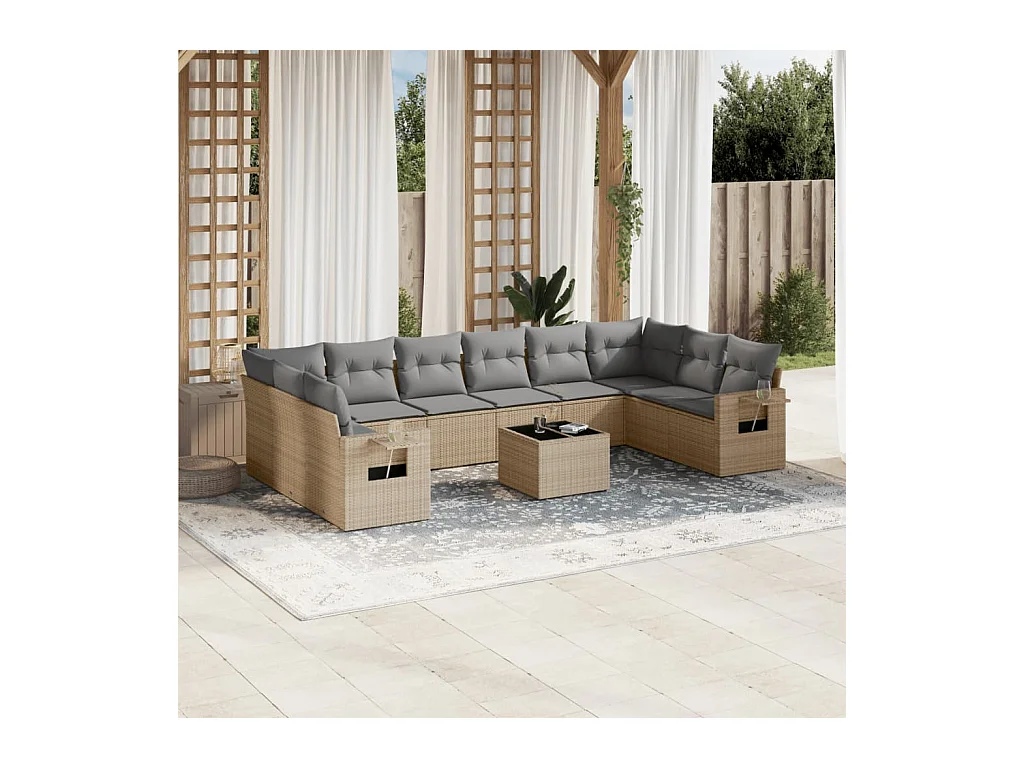 Set Divani da Giardino 11 pz con Cuscini Beige in Polyrattan