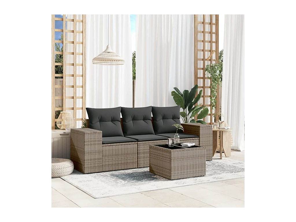 Set de sofás de jardín 4 pzas y cojines ratán sintético gris
