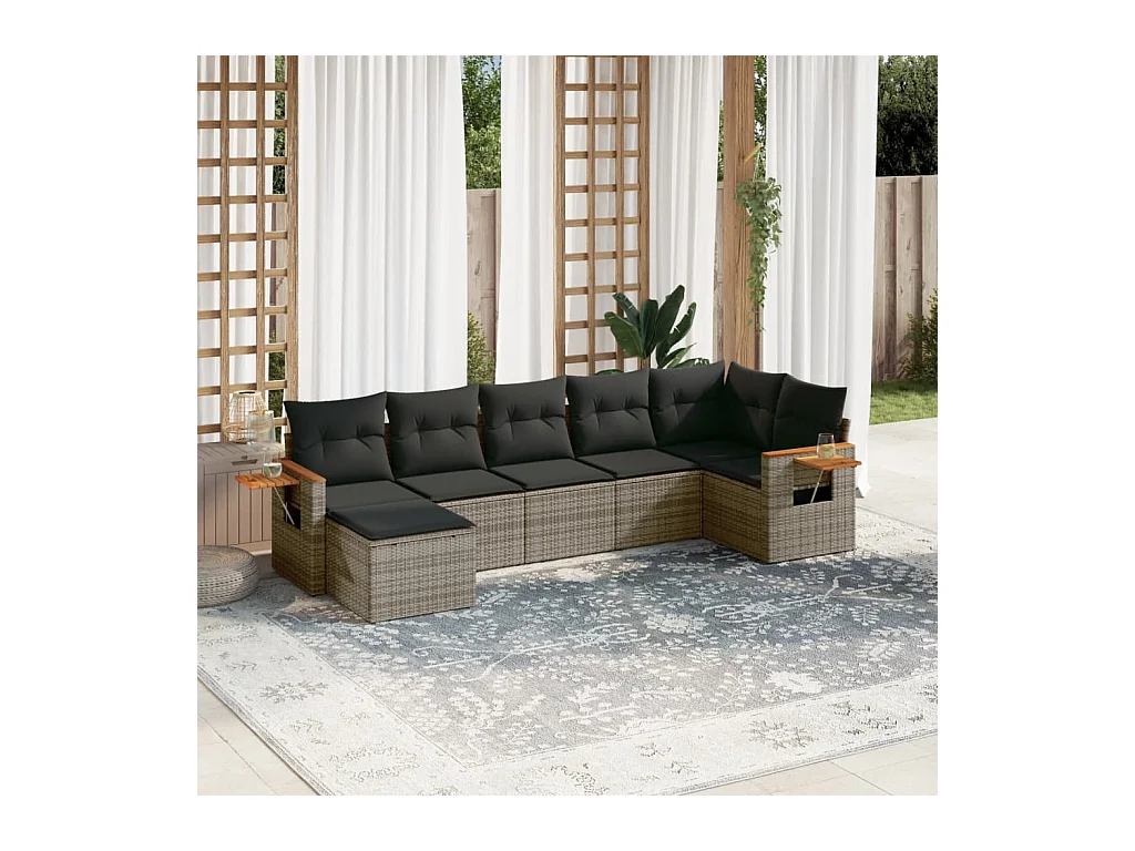 Set de sofás de jardín 7 piezas con cojines ratán PE gris