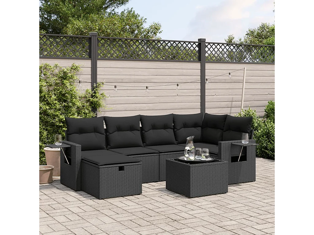 7-tlg. Garten-Sofagarnitur mit Kissen Schwarz Poly Rattan