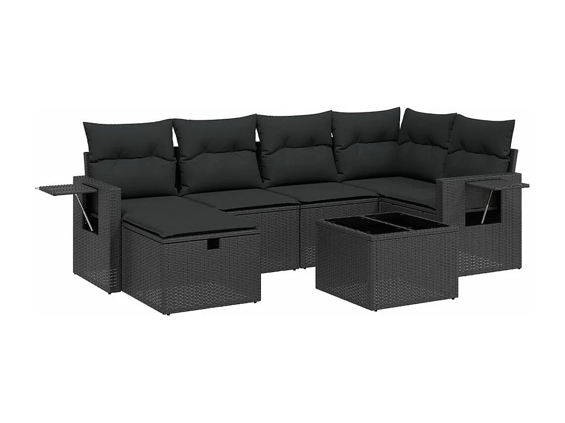 7-tlg. Garten-Sofagarnitur mit Kissen Schwarz Poly Rattan