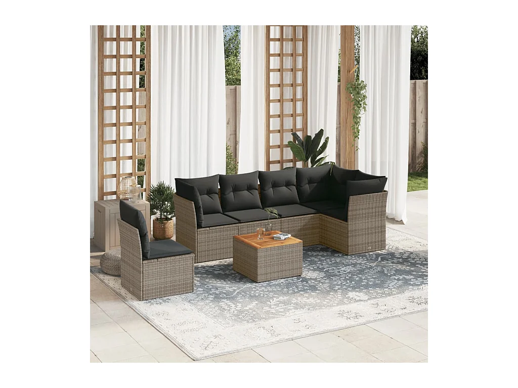 Set de sofás de jardín 7 piezas con cojines ratán PE gris