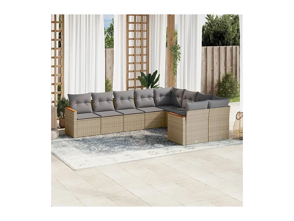 Set Divano da Giardino 9 pz con Cuscini Beige Misto Polyrattan